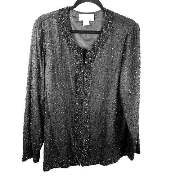 LAURENCE KAZAR VTG Fully Beaded 100% Silk Black Cardigan Evening Jacket L Formal - Picture 4 of 12